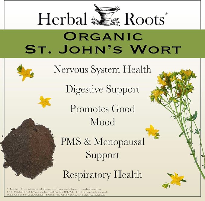 Herbal Roots Organic St Johns Wort Capsules | 450 mg per Serving | No Binders or Fillers Non GMO | 60 Vegan Capsules