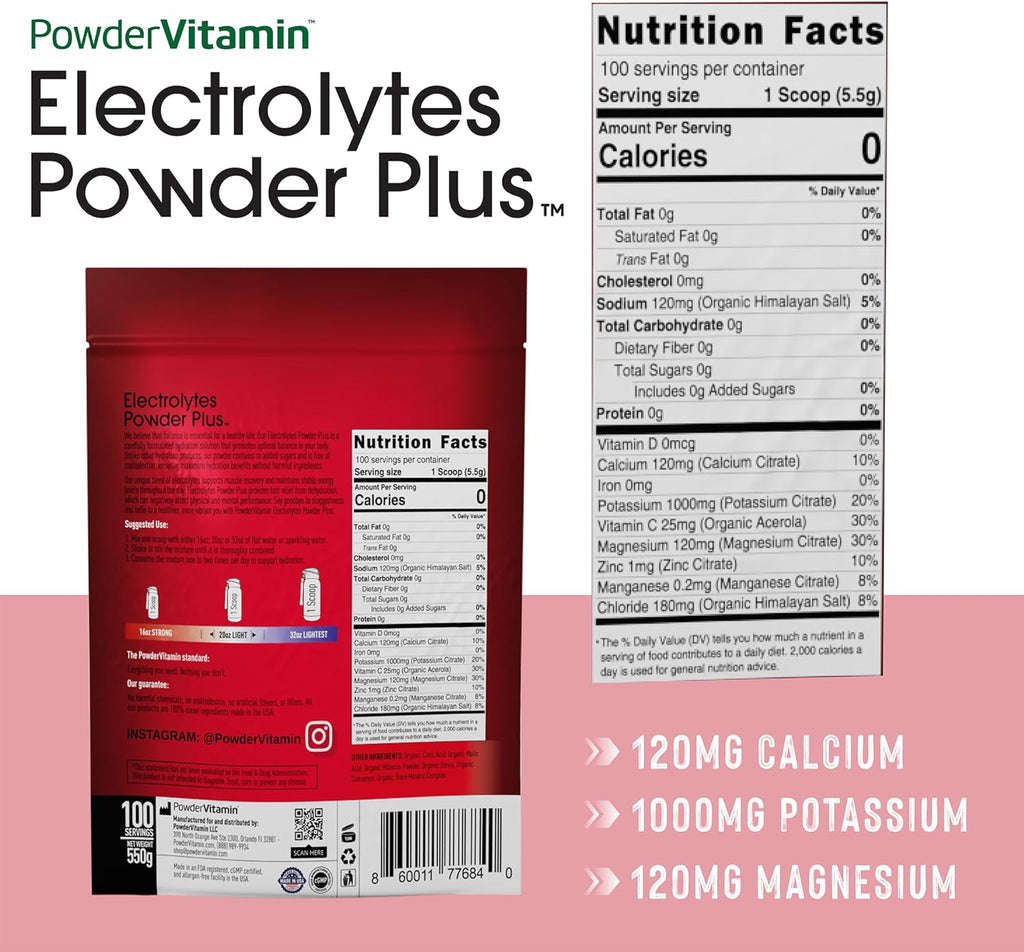 PowderVitamin Electrolytes Powder Plus (100 Servings) Hibiscus Electrolyte Powder Zero Calorie Keto,0 Sugar, No Maltodextrin,1000mg Potassium,120mg Calcium,120mg Magnesium, Hydration Powder