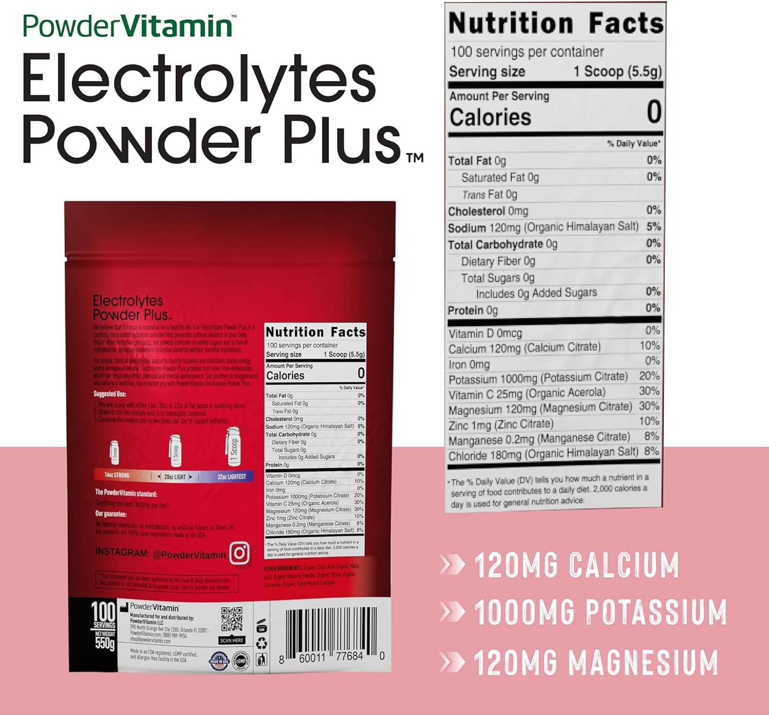 PowderVitamin Electrolytes Powder Plus (100 Servings) Hibiscus Electrolyte Powder Zero Calorie Keto,0 Sugar, No Maltodextrin,1000mg Potassium,120mg Calcium,120mg Magnesium, Hydration Powder