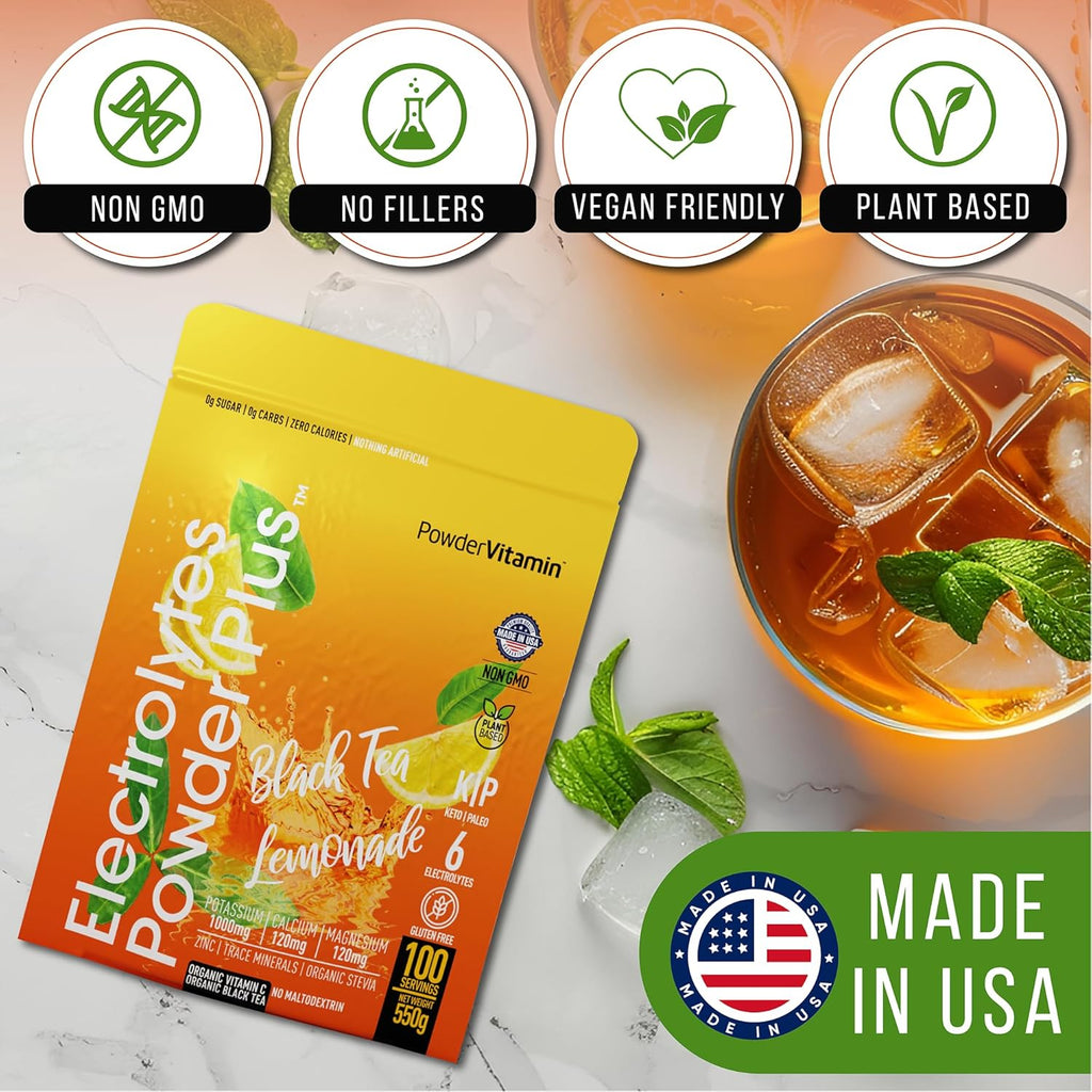 PowderVitamin Electrolytes Powder Plus (100 Servings) Black Tea Lemonade Electrolyte Powder Zero Calorie Keto,0 Sugar, No Maltodextrin,1000mg Potassium,120mg Calcium,120mg Magnesium, Hydration Powder