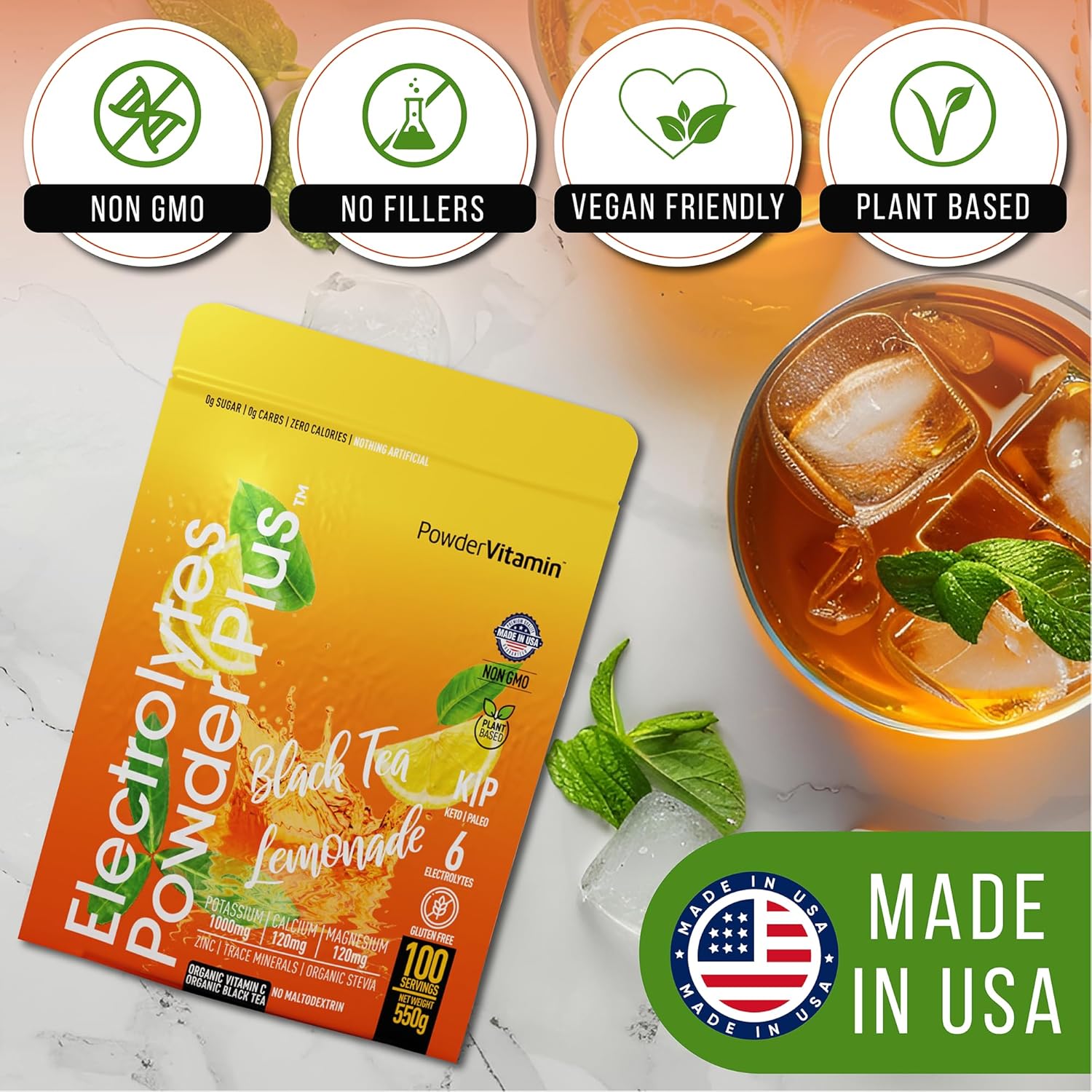 PowderVitamin Electrolytes Powder Plus (100 Servings) Black Tea Lemonade Electrolyte Powder Zero Calorie Keto,0 Sugar, No Maltodextrin,1000mg Potassium,120mg Calcium,120mg Magnesium, Hydration Powder