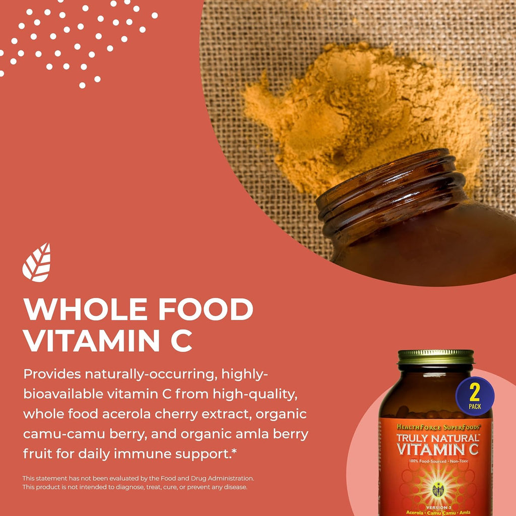 HEALTHFORCE SUPERFOODS Truly Natural Vitamin C - Immune Support Supplement with Camu Camu Berry - Vitamin C Supplement for Immune Health - Vegan, Non-GMO - 240 Vegan Caps, 30 Servings