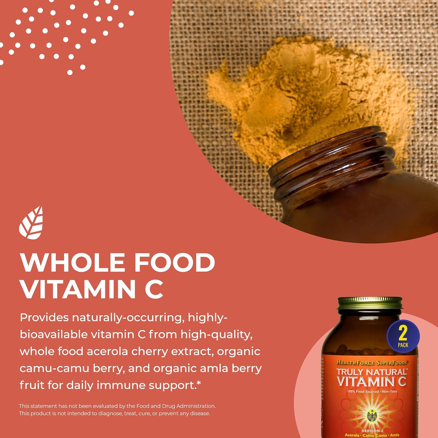 HEALTHFORCE SUPERFOODS Truly Natural Vitamin C - Immune Support Supplement with Camu Camu Berry - Vitamin C Supplement for Immune Health - Vegan, Non-GMO - 240 Vegan Caps, 30 Servings