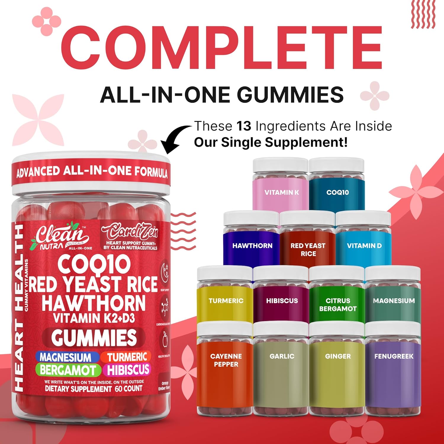 Clean Nutra CoQ10 Gummies Red Yeast Rice Hawthorn K2 Vitamin Supplement Magnesium Glycinate Turmeric Citrus Bergamot Hibiscus VIT D K Fenugreek Garlic Supplements Heart Support Gummy 60ct