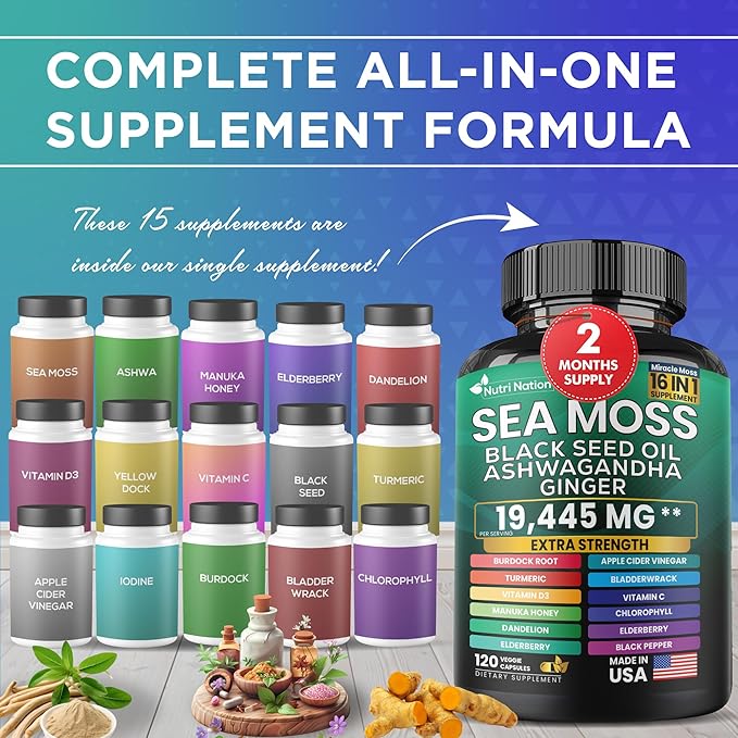 Sea Moss Black Seed Oil Ashwagandha Turmeric Bladderwrack Burdock & Vitamin C Vitamin D3 with Elderberry Manuka Dandelion Yellow Dock Iodine Chlorophyll 16 in 1 Supplement (120 Capsules) 1 Bottle