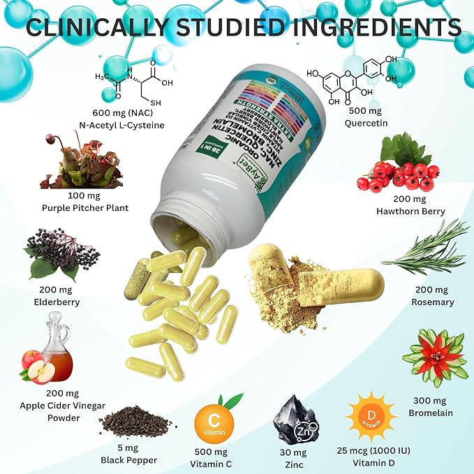 NAC-n-acetyl cysteine- Quercetin Zinc Bromelain Supplement | Extra Strength with Vit C, D3, Apple Cider Vinegar, Elderberry, Hawthorn Berry, Turmeric | Immune Support|120 Vegan Capsules | USDA Organic