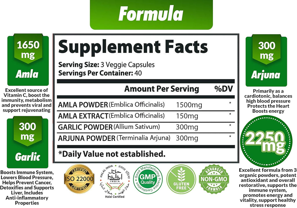 Organic Amla Capsules 2250mg & Arjuna, Garlic |Natural Vitamin C Supplements, High Antioxidants, Rejuvenator |Supports Immunity, Energy Booster |Gluten Free Vegan India Amalaki Extract Fruit, 120 Caps