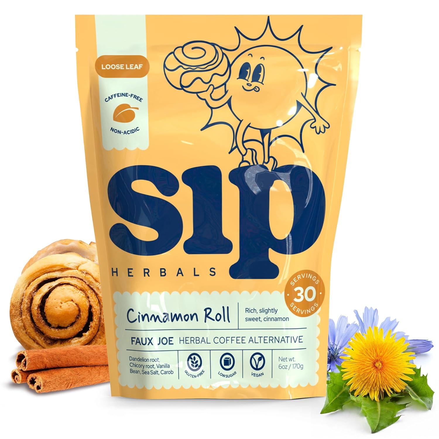 Sip Herbal Caffeine-Free Coffee Alternative - Organic Dandelion Root Tea with Chicory & Carob - Rich Herbal Coffee Substitute in Cozy Cinnamon Roll Flavor - 30 Servings for Daily Wellness
