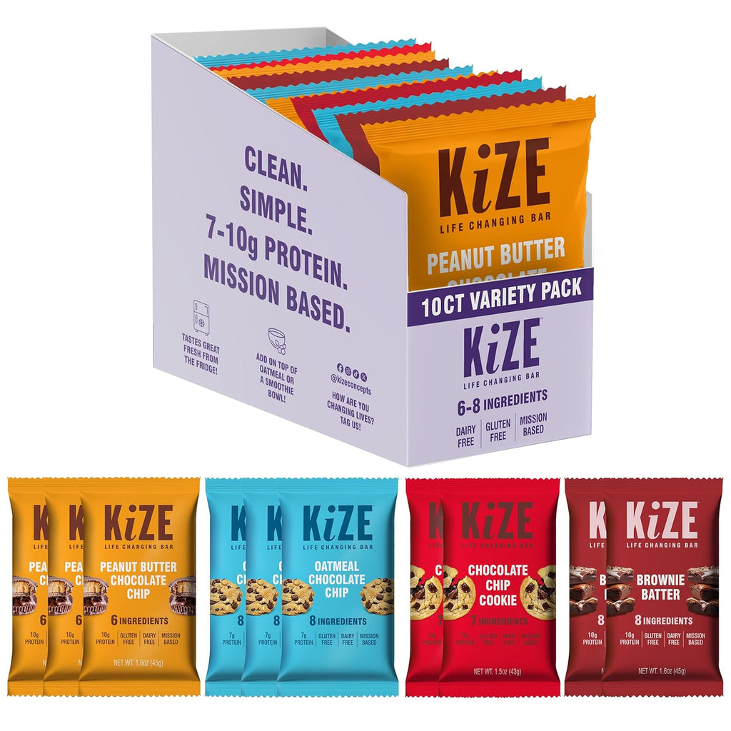 KiZE Energy Bars - Variety Pack - Gluten Free, Dairy Free Options, Non-GMO, and High Protein Meal Replacement Energy Bars, Clean and Simple Food Ingredients - 7-10g High Protein Snacks, (10 Count)