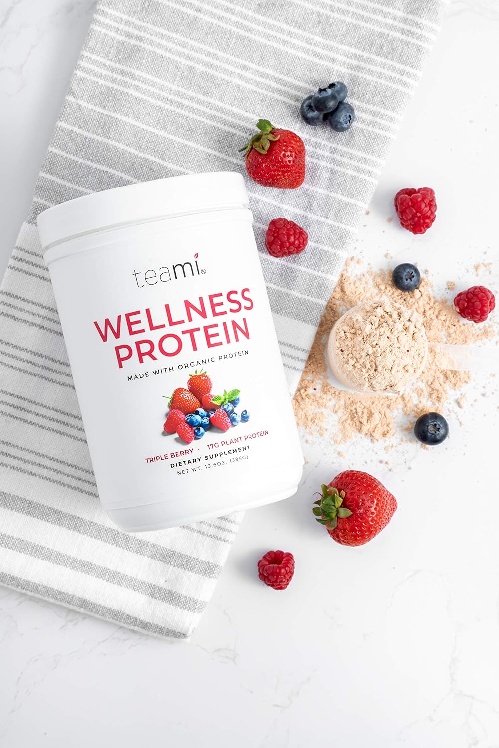 Teami Vegan Protein Powder with Organic Ingredients - Smooth Plant Based Pea Protein Powder with Low Net Carbs, Non-GMO, Dairy Free, Soy Free, No Sugar Added - Triple Berry (14 Servings, 13.6 Ounce)