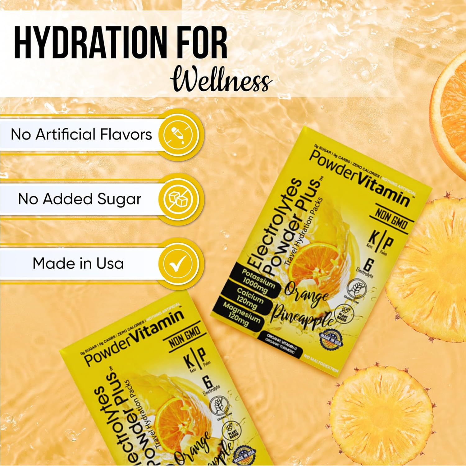 PowderVitamin Electrolytes Powder Plus, Keto, Orange Pineapple, Sugar Free, 1000mg Potassium, 120mg Calcium, 120mg Magnesium, Non-GMO, Zero Calories, 30 Hydration Packets