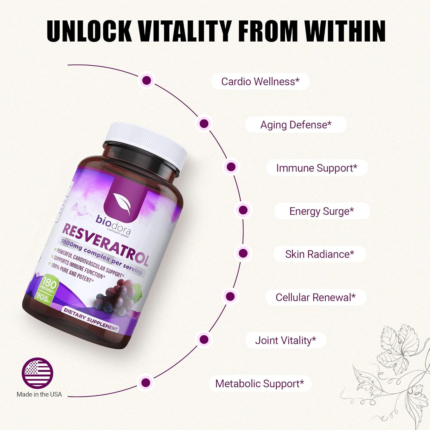 Resveratrol 1600mg, Trans-Resveratrol Antioxidant Supplement with Green Tea, Grape Seed Extract and Quercetin, Helps to Support Digestive Health and Immune System, 180 Capsules