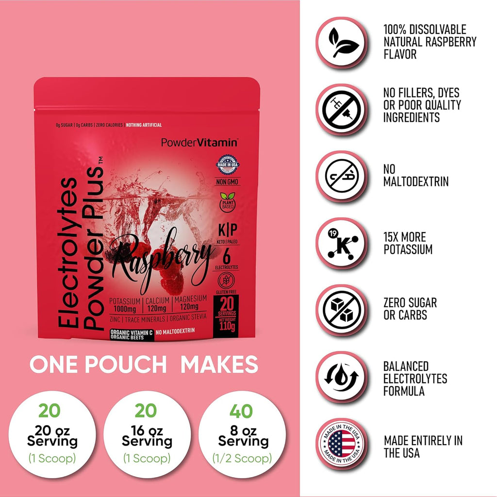 PowderVitamin Electrolytes Powder Plus (20 Servings) Raspberry Electrolyte Powder Zero Calorie Keto,0 Sugar, No Maltodextrin,1000mg Potassium,120mg Calcium,120mg Magnesium, Pink Himalayan Salt