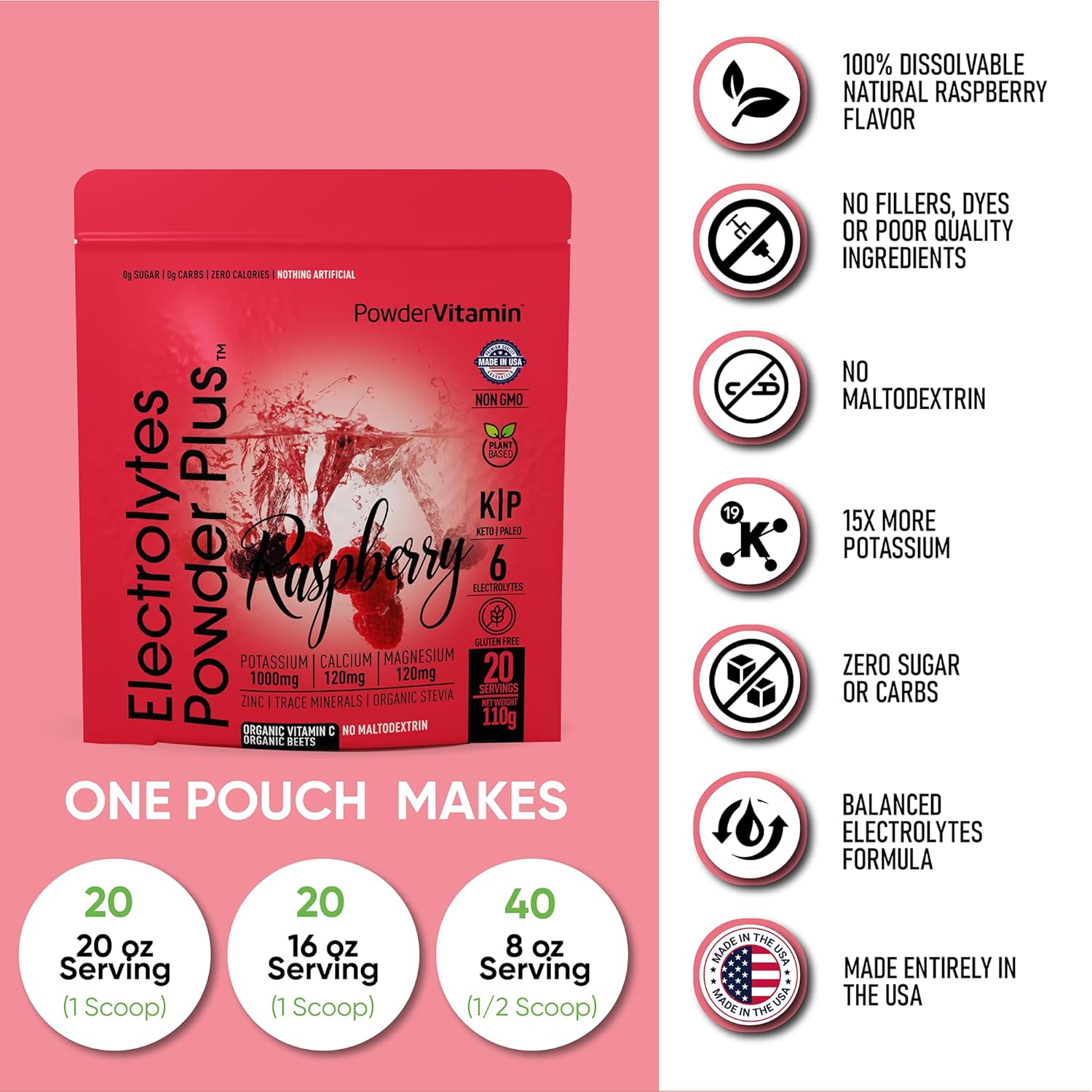 PowderVitamin Electrolytes Powder Plus (20 Servings) Raspberry Electrolyte Powder Zero Calorie Keto,0 Sugar, No Maltodextrin,1000mg Potassium,120mg Calcium,120mg Magnesium, Pink Himalayan Salt