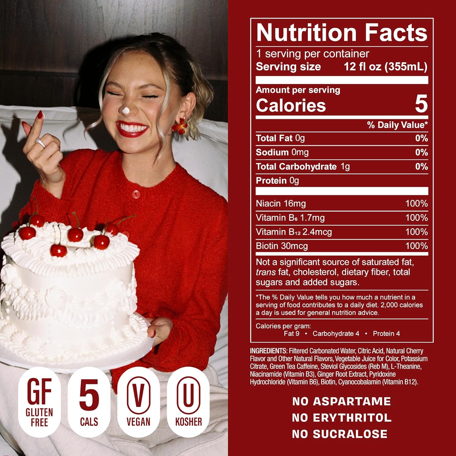 GORGIE Jordyn Jones Cherry Lime, Sugar-Free Natural Energy Drink Sparkling, Healthy Energy Drinks - Green Tea, Biotin, B Vitamins -150mg Caffeine, Vegan, & Low Calorie (Pack of 12)