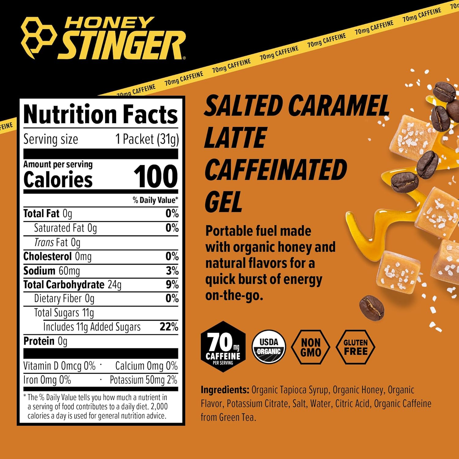Honey Stinger Caffeinated Organic Energy Gel Variety Pack, 12 Packs Each of Salted Caramel Latte & Strawberry Kiwi, Caffeinated & Gluten Free, For All Exercises, Sports Nutrition for Home & Gym