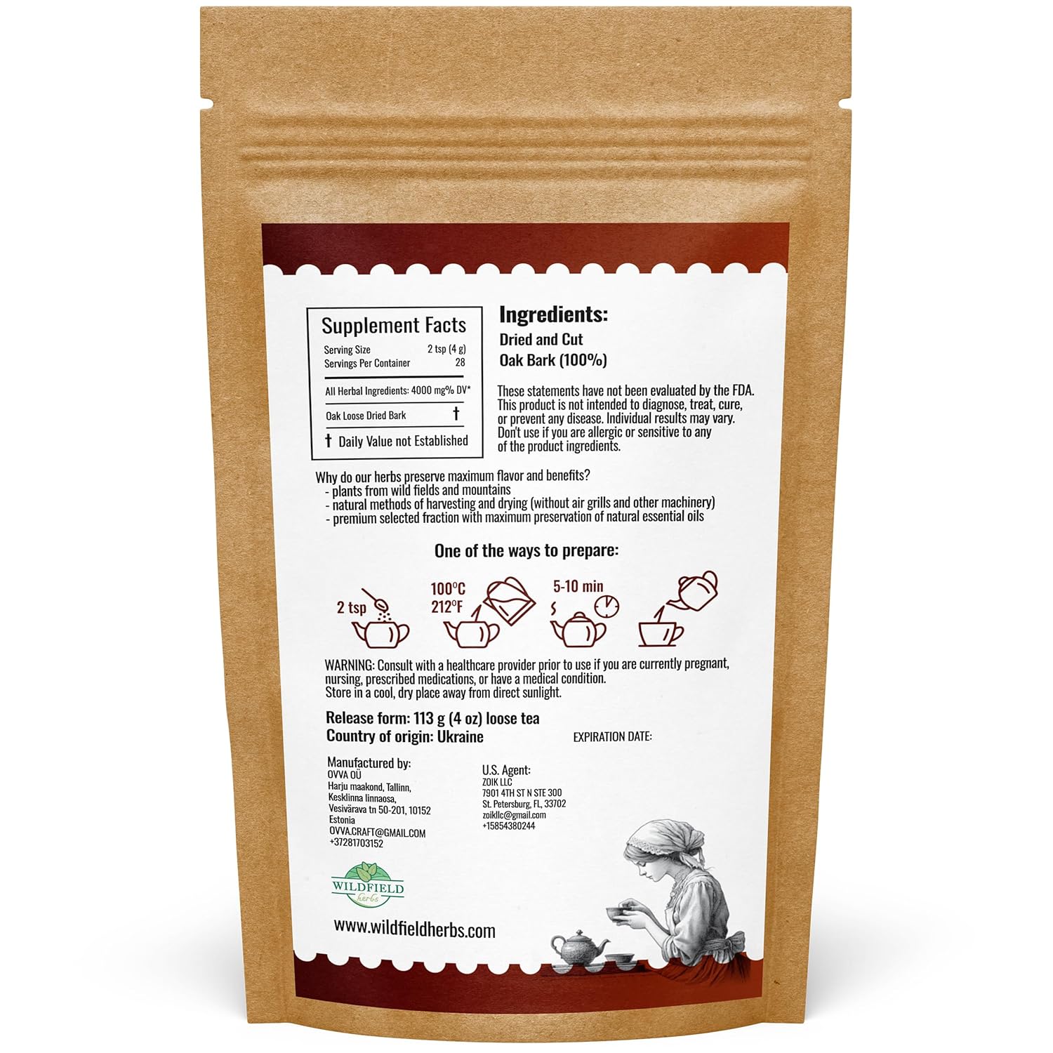 4 oz. Oak Bark Tea Tree Bark Herbs Сascara (Cortex Quercus) - 113g Herb Tea Corteza De Roble