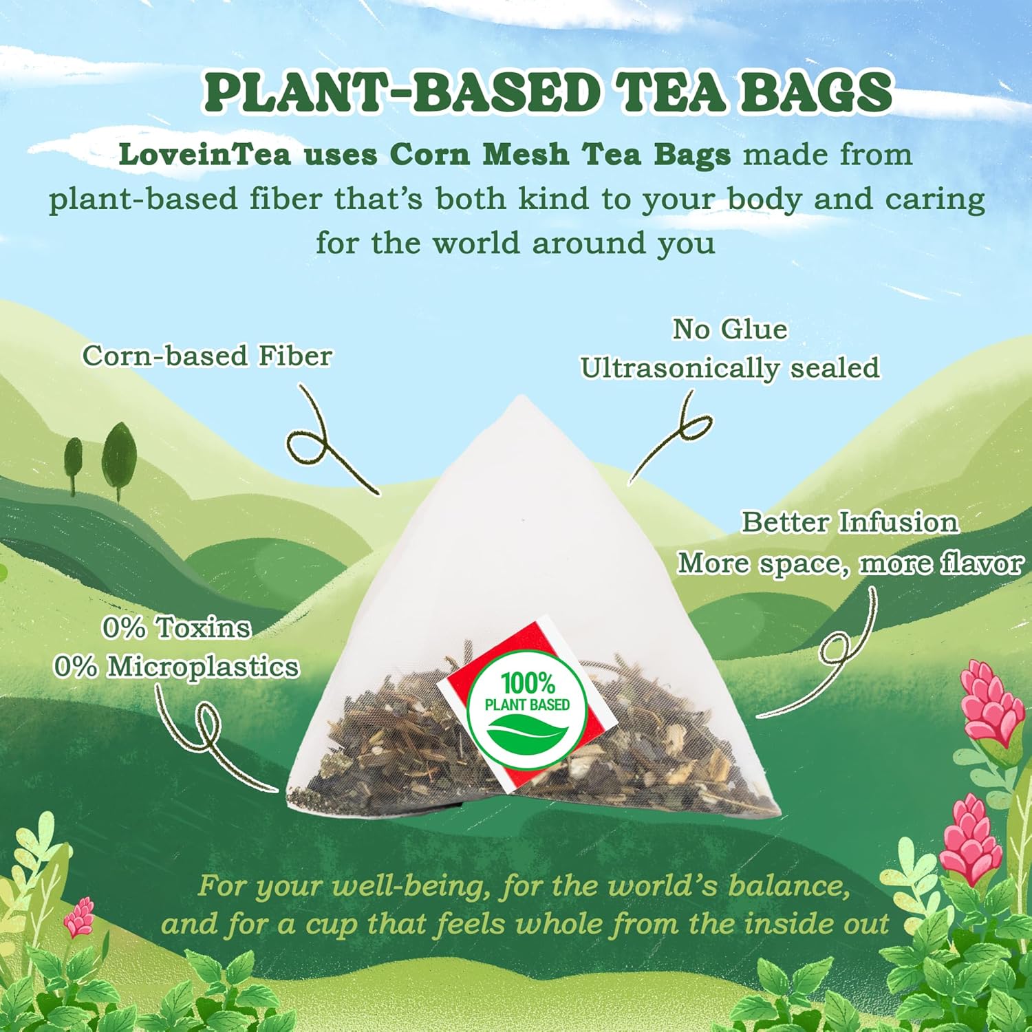 LoveinTea Lemon Balm Herbal Tea Bags, Caffeine-Free, 100% Natural Vietnamese Lemon Balm Blend, Plant-Based Pyramid Bags, 30 Count