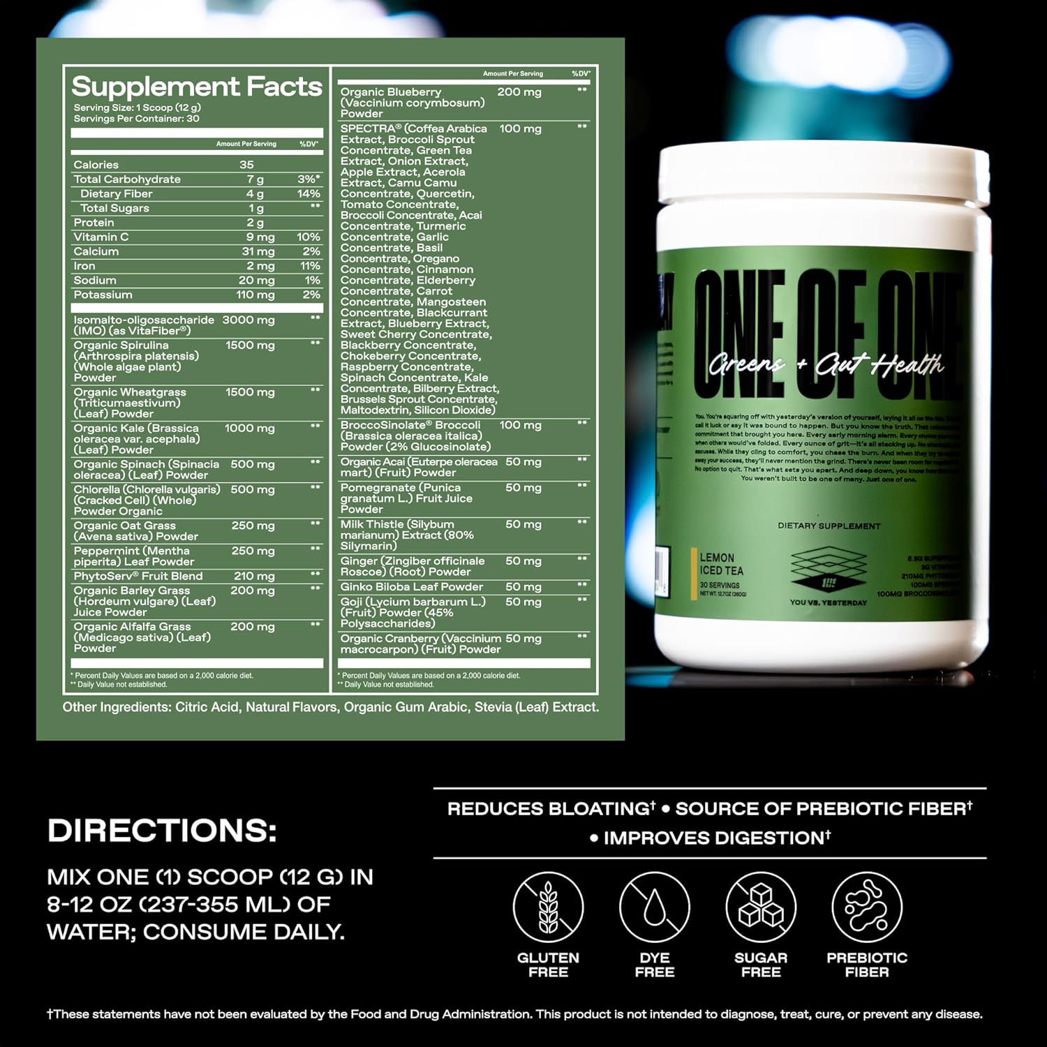 ONE OF ONE Greens & Gut Health – Superfood Greens Powder with Prebiotics, Probiotics & Digestive Enzymes for Gut Health, Immunity & Energy, No Artificial Sweeteners - Lemon Iced Tea, 30 Serving