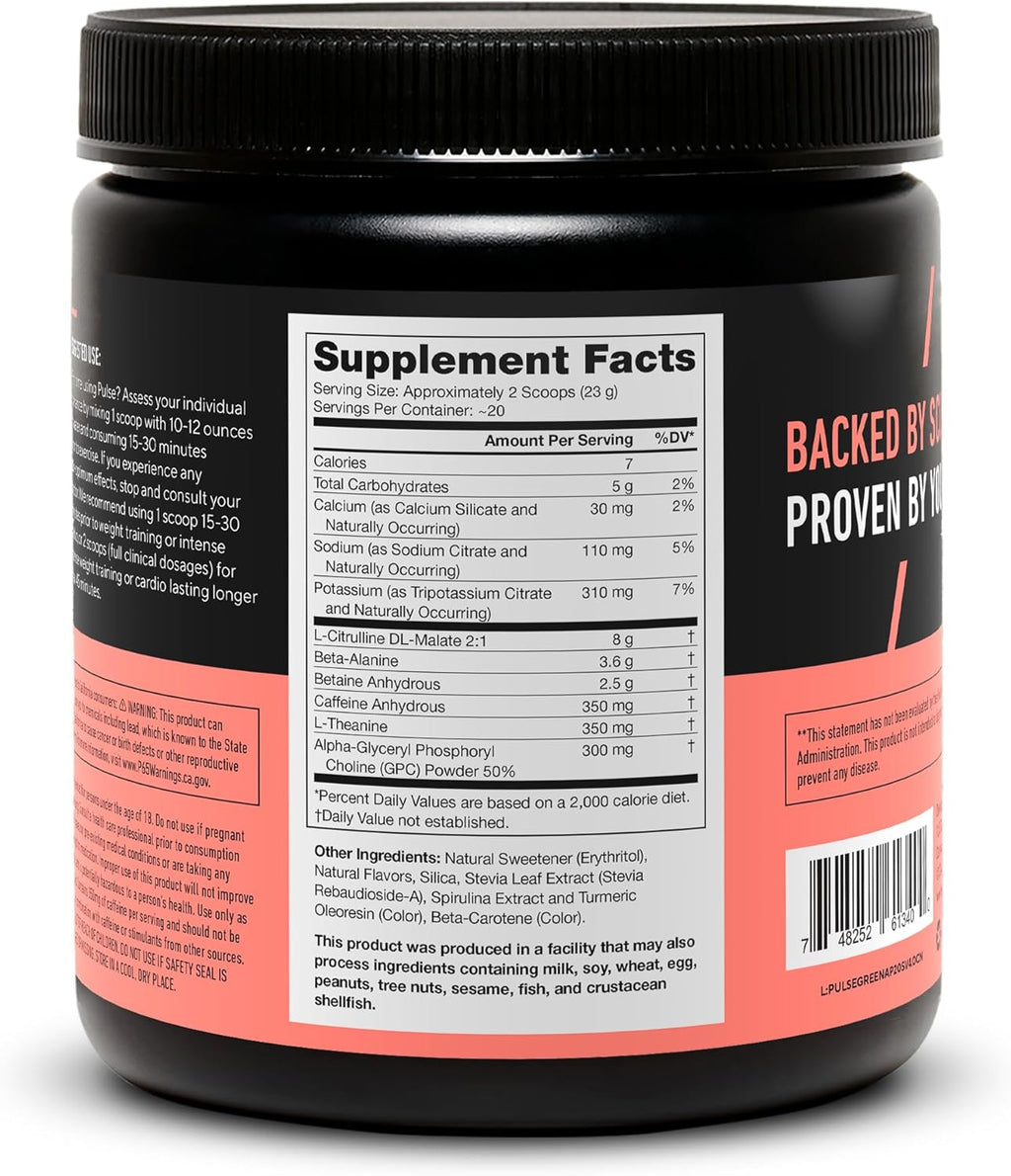 LEGION Pulse Pre Workout - All Natural Nitric Oxide Preworkout Drink to Boost Energy, Creatine Free, Naturally Sweetened, Beta Alanine, Citrulline, Alpha GPC (Green Apple)