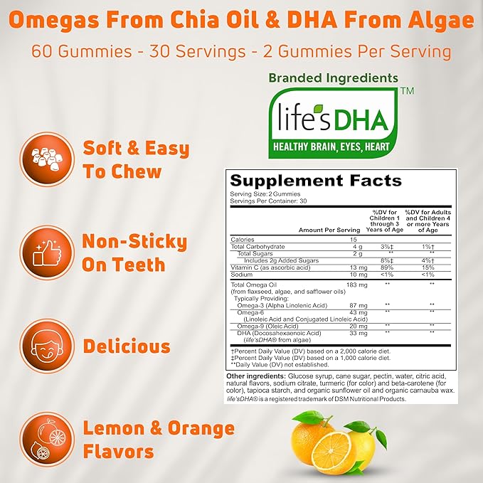 Vegan Omega 3 Gummies for Kids with DHA – Gelatin Free, Gluten Free Omega 3 6 9 Supplements Support Brain, Eye, Body & Heart Health, Immune & Joint Support – 60 Gummies, 30 Servings