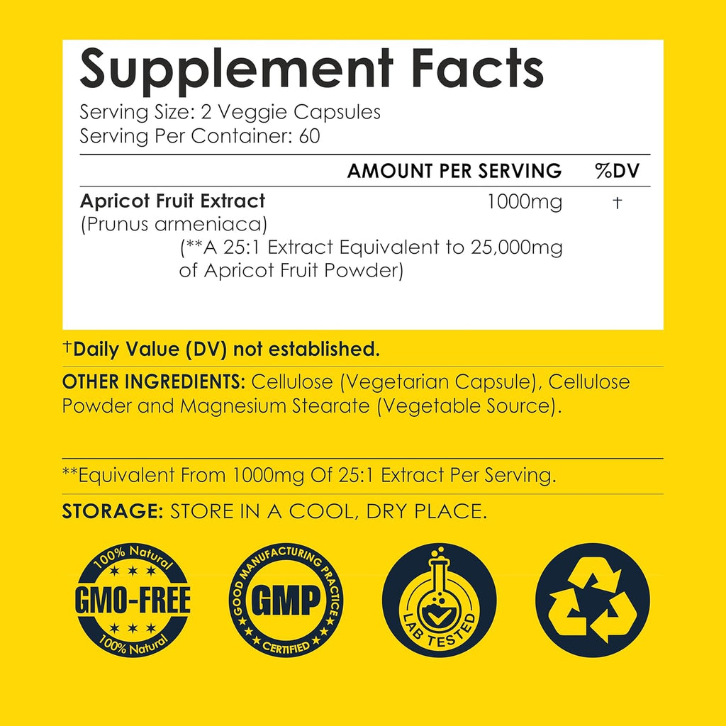 Apricot Extract 25:1, 500 mg per Capsule 1000 mg Per Servings Immune Support Herbal Supplements (Pack of 1) (120 Capsules)