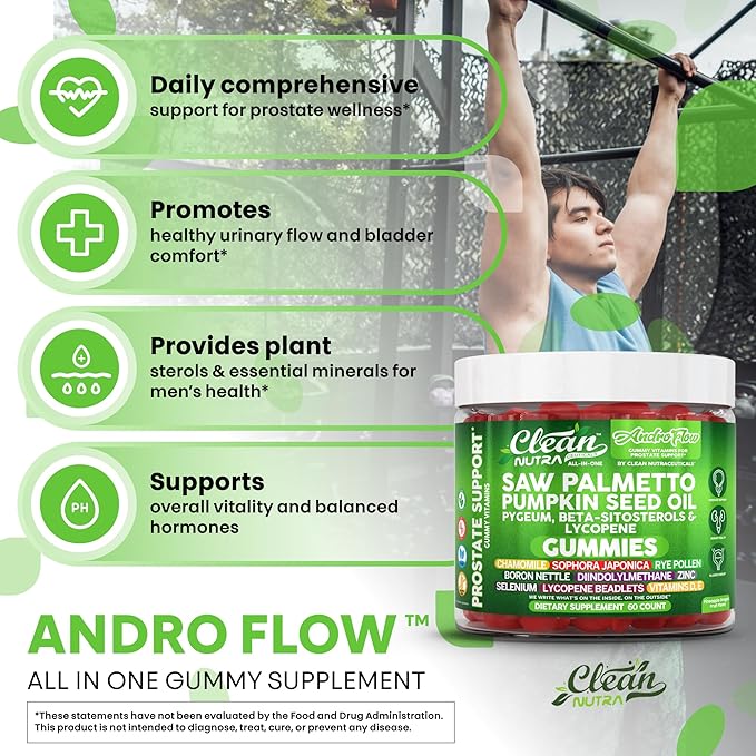 AndroFlow Saw Palmetto and Pumpkin Seed Oil Prostate Health Supplements for Men Pygeum Beta Sitosterol Lycopene Boron Zinc Selenium DIM Stinging Nettle Vitamin D, 60 Gummy Supplements by Clean Nutra