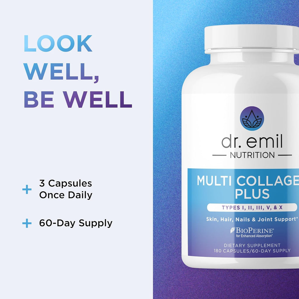 DR. EMIL NUTRITION Women's Multi Collagen Pills | Collagen Supplements to Support Hair, Skin, Nails, & Joints | Hydrolyzed Collagen Supplements Types I, II, III, V & X | 180 Capsules