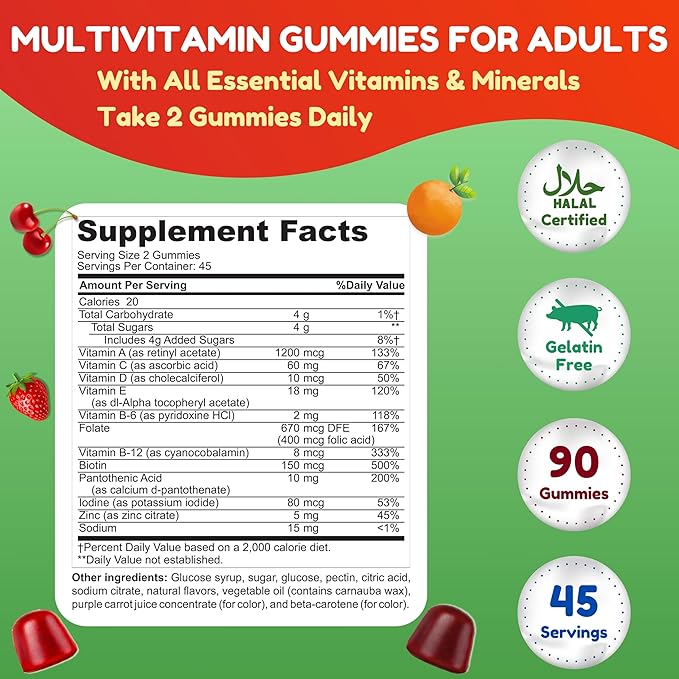 Halal Multivitamin Gummies for Women & Men | Immune & Overall Wellness | 90 Delicious Gummy Vitamins (45-Day Supply). Non-GMO & Vegetarian Essential Halal Vitamins w/ Folate, Zinc, B12, Biotin & More