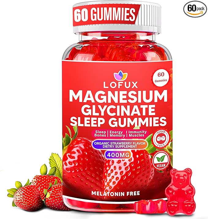 Lofux Magnesium Glycinate Gummies 400mg, Sugar Free Magnesium Gummies for Adults Women, Men, Chewable Supplement Gummy with L-Threonate, Vitamin D, B6, CoQ10 - for Calm, Sleep, Body Relaxation, 60 Ct