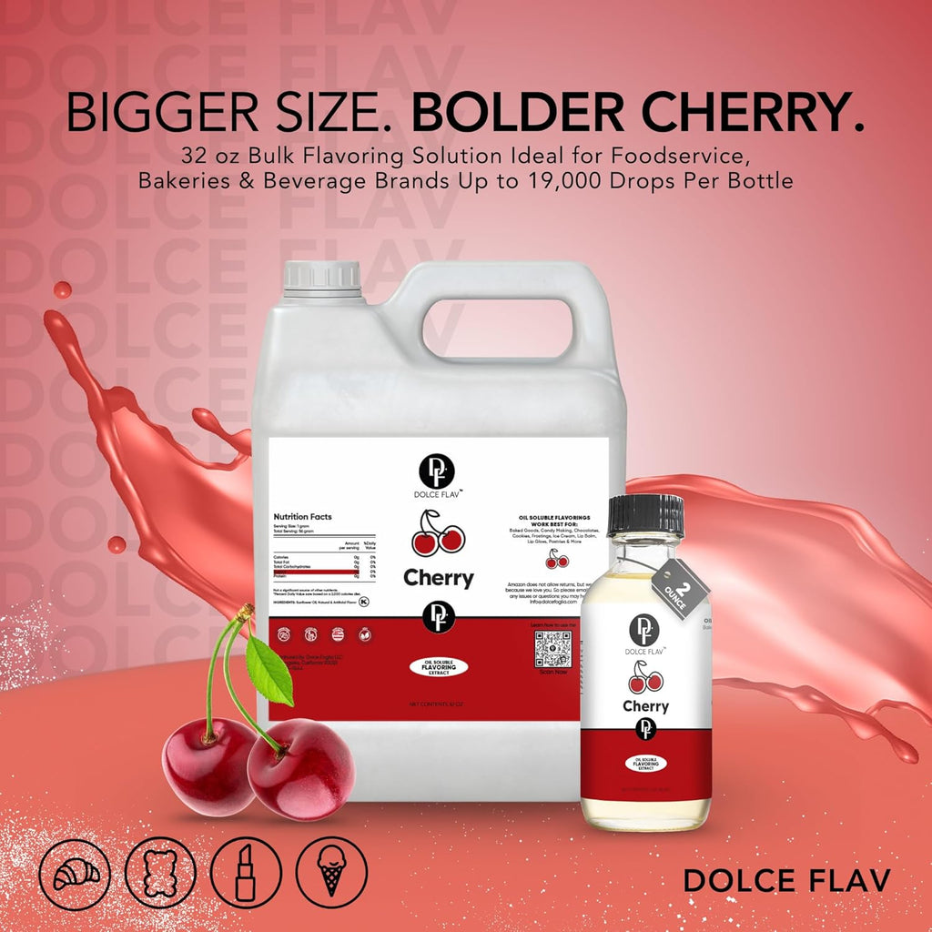 Dolce Flav Cherry Flavoring – 32 oz. – Premium Oil-Based Extract for Chocolates, Frostings, Baked Goods & Confections | Classic Sweet Flavor for Bakeries & Candy Shops