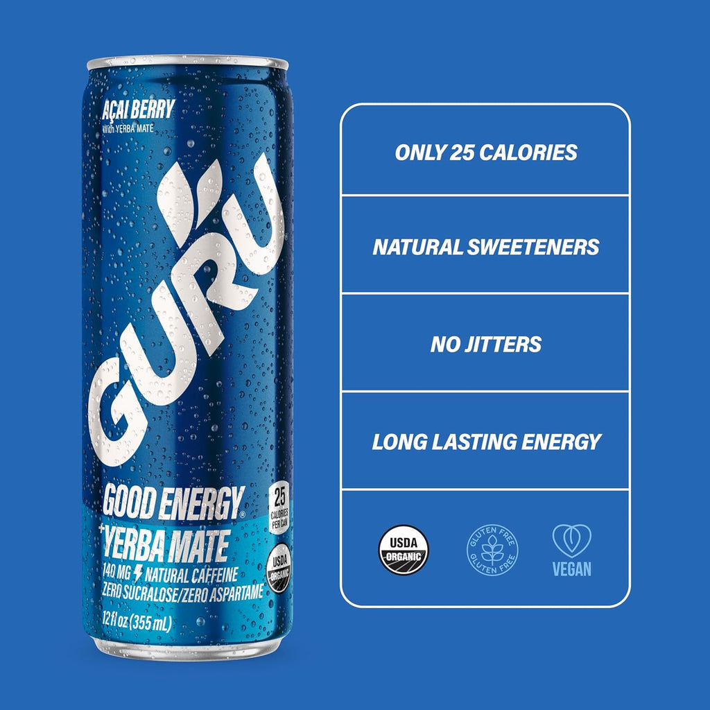 GURU Yerba Mate Organic Energy Drinks, Clean Energy Drink with Plant Based Natural Caffeine from Green Tea, Low Calorie, Gluten Free, 140mg Caffeine, Healthy Drinks, Acai Berry, 12oz (Pack of 24)