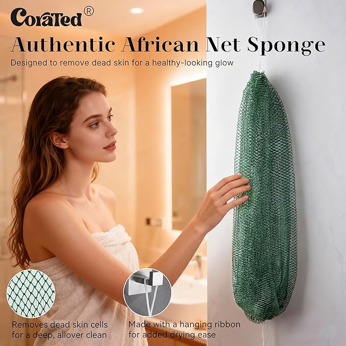 CORATED African Net Sponge Authentic, Shower Loofah Exfoliating Bath Sponge, Body Scrubber for Women and Men Daily Use Body Care, Travel Portable Bath Accessories Spa Gifts