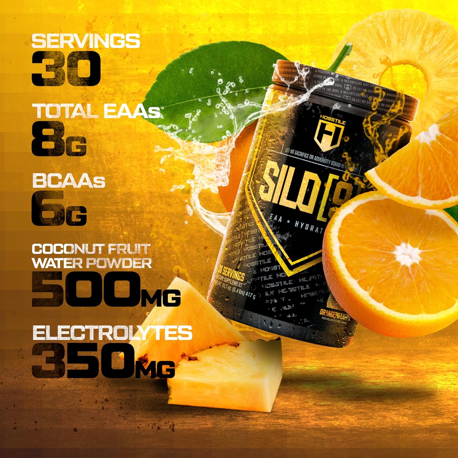 HOSSTILE SILO[9] Essential Amino Acids, EAA & BCAA Powder, Electrolyte Hydration Support, Enhance Muscle Growth & Recovery, Pre or Post Workout Drink, Orange Pineapple, 30 Servings