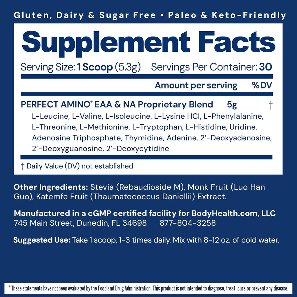BodyHealth PerfectAmino Powder - BCAA and EAA Powder for Pre and Post Workout - Amino Acid Energy Drink for Men and Women to Support Lean Muscle and Recovery - Unflavored - 30 Servings