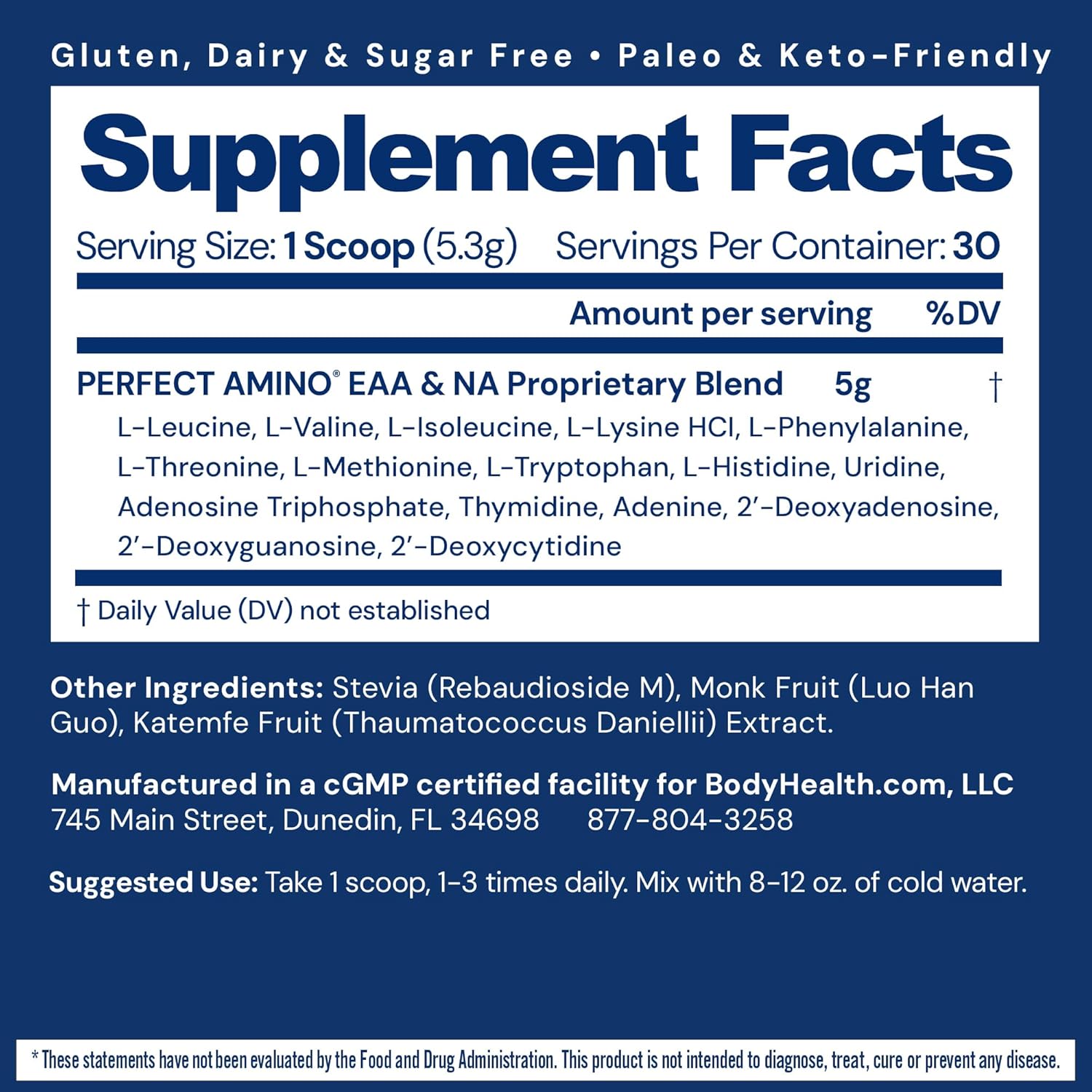 BodyHealth PerfectAmino Powder - BCAA and EAA Powder for Pre and Post Workout - Amino Acid Energy Drink for Men and Women to Support Lean Muscle and Recovery - Unflavored - 30 Servings