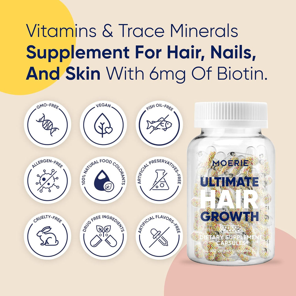Moerie Hair Growth Supplement for Women & Men - Hair Skin and Nails Vitamins With Biotin, Q10 & Minerals - For Thicker, Fuller Hair & Hair Loss Treatment - Advanced Beadlet Delivery System - 120 Pills