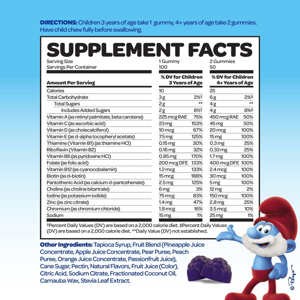 The Smurfs Kids Multivitamin Gummies with 15 Daily Vitamins and Minerals for Growth & Development | Made with Real Fruit in a Smurf Berry | Delicious, Doctor Developed & Non-GMO Formula | 100 Gummies