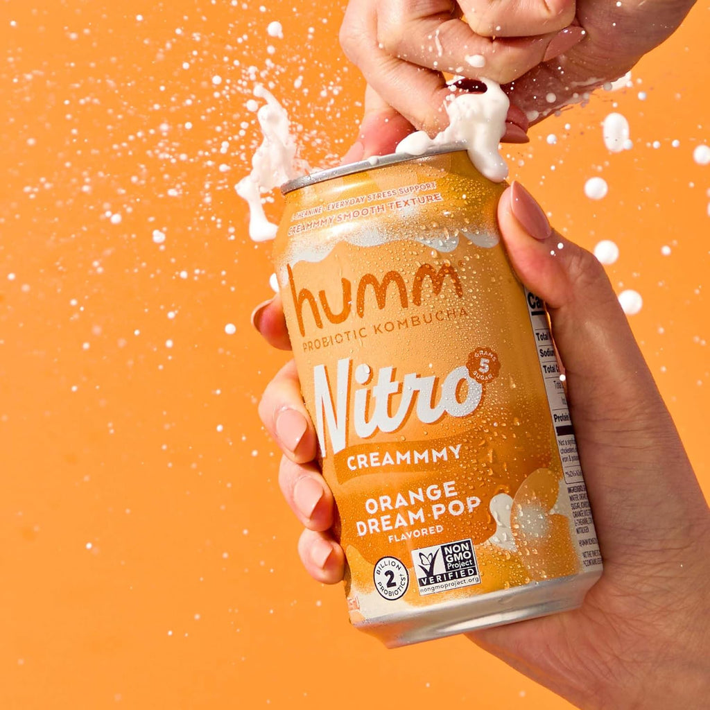 Humm Nitro Kombucha Orange Dream Pop, Creamy Smooth Probiotic Drink with L-Theanine, Non-GMO, Vegan, Gluten Free, 12 fl oz (Pack of 12)