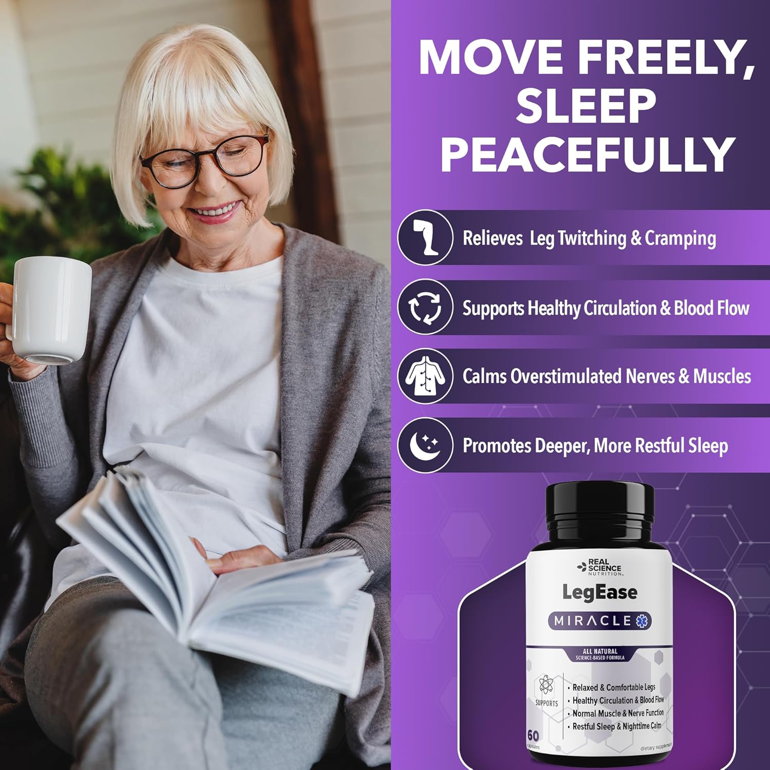 Real Science LegEase Miracle – All Natural Restless Legs Syndrome Relief & Leg Cramp Supplement with Vitamins C, D, K, B6, B12 + Nitric Oxide Support – Sleep & Circulation Aid – Made in USA, 60 Caps
