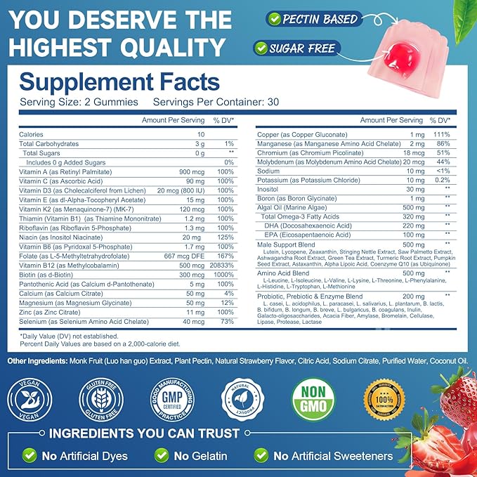Totaria Sugar Free Multivitamin for Men with Omega 3, Probiotics, Mens Multivitamins Gummies w/Methylated B Complex, EAAs, Lycopene, Zinc, for Daily Energy, Immune, Heart, Iron Free, 60 Count