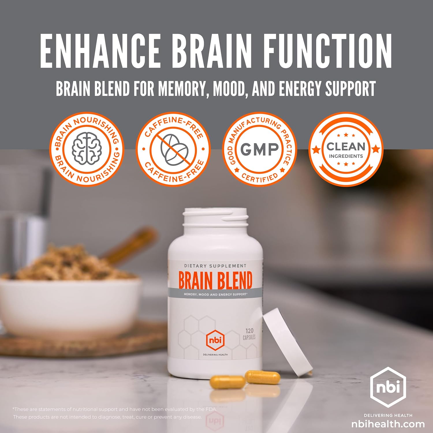 Brain Blend for Memory, Focus, Concentration, Cognitive Function for Men & Women | Caffeine-Free with ALCAR, Alpha Lipoic Acid, Huperzine A, Turmeric | Nootropic | 120ct Capsules