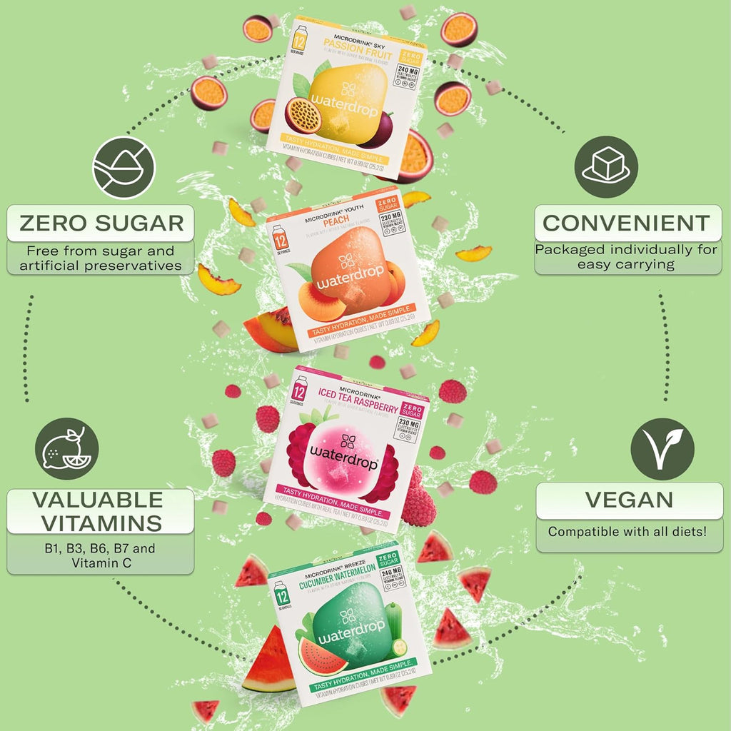 Waterdrop Hydration Cubes With Vitamin C, B Vitamins and Electrolytes, 4 Flavor Electrolyte Variety Pack, Flavored Water Enhancer Cubes for Still & Sparkling Water, Low Calorie, Sugar Free, 48 Count