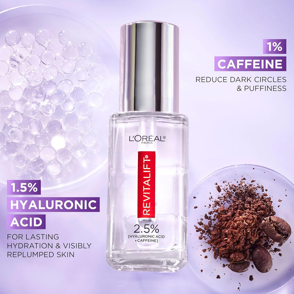 L'Oreal Paris Revitalift Hyaluronic Acid + Caffeine Hydrating Eye Serum for Dark Circles, Fragrance Free .67 fl. oz + Moisturizer Sample