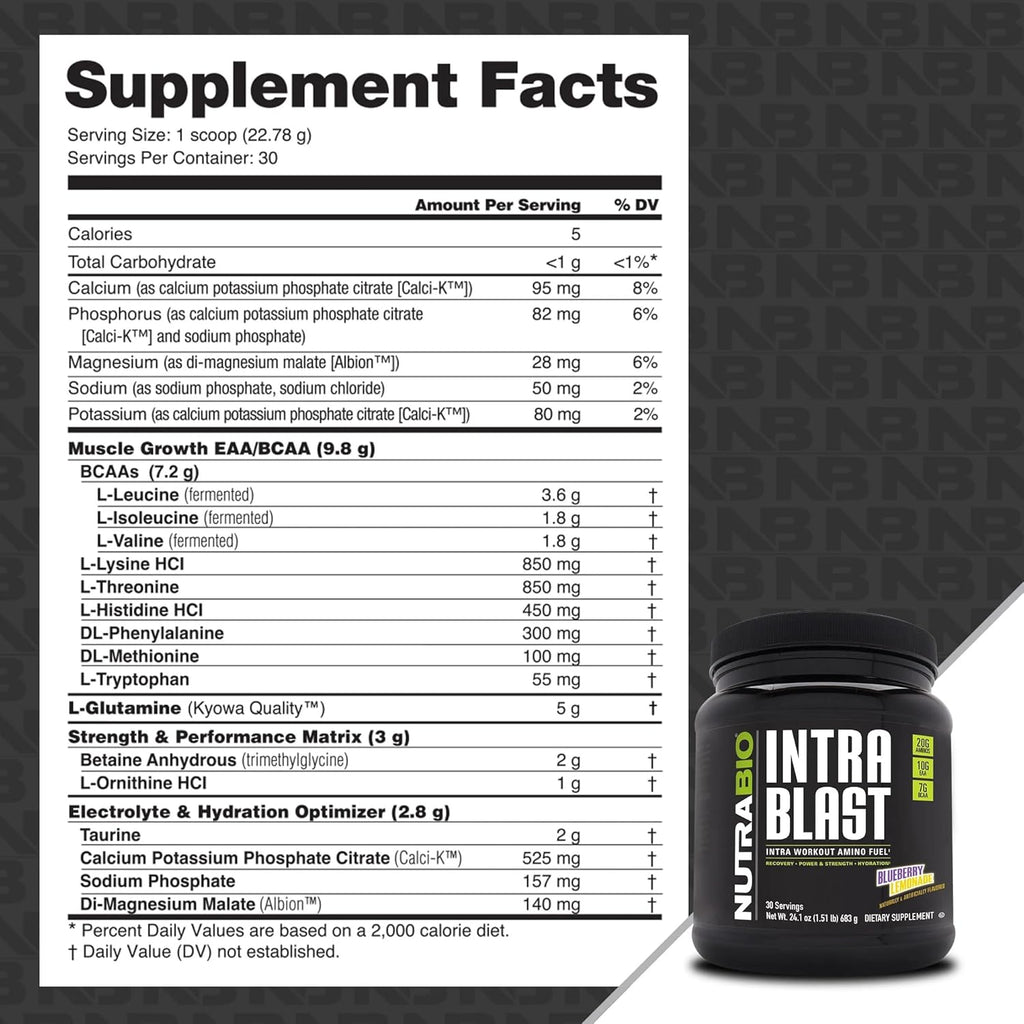 NutraBio Intra Blast Bcaa Powder Amino Acid Supplement, Electrolyte & Hydration Blend, Intra, Pre Workout & Muscle Recovery, 20g Eaa Amino Acids Powder, 5g Glutamine- Blueberry Lemonade, 30 Serving