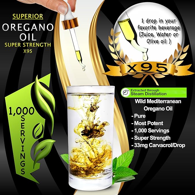 Organic Oregano Oil Drops - 1,000 Servings, 12 Month Supply, Wild Oil of Oregano 9X Carvacrol, Immune & Digestive Support, Non-GMO, Food Grade Herbal Supplement, Alternative to oil of Oregano Tincture