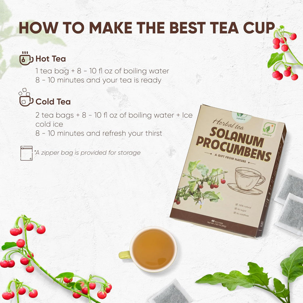 NMPT 100% Solanum Procumbens Leaf Tea, Hand Pick, Cà Gai Leo Organic Herbal Tea, 40 Count, Freeze Drying, Gluten Free, Dairy Free, No Sugar Added, Energy Boost & Health Support, 0.07 Oz Each