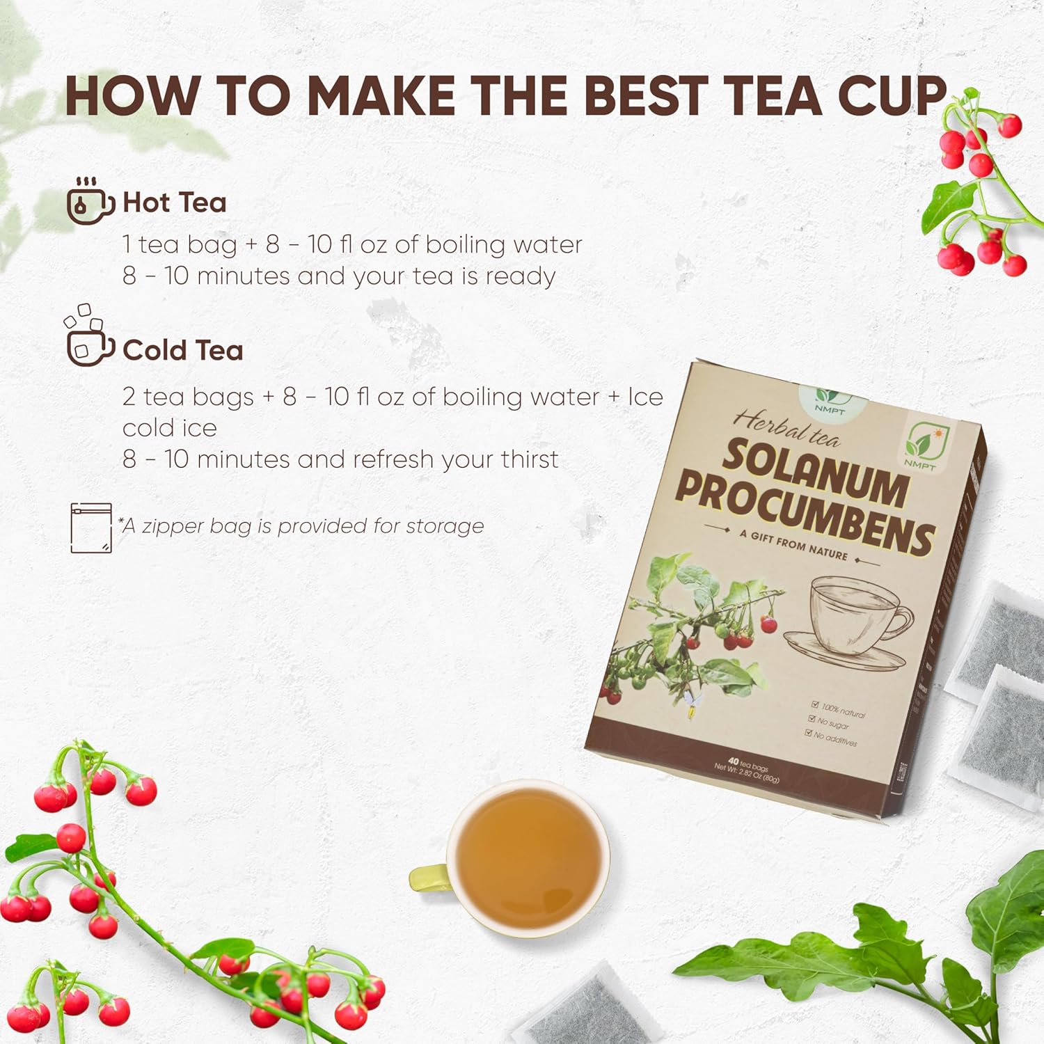 NMPT 100% Solanum Procumbens Leaf Tea, Hand Pick, Cà Gai Leo Organic Herbal Tea, 40 Count, Freeze Drying, Gluten Free, Dairy Free, No Sugar Added, Energy Boost & Health Support, 0.07 Oz Each