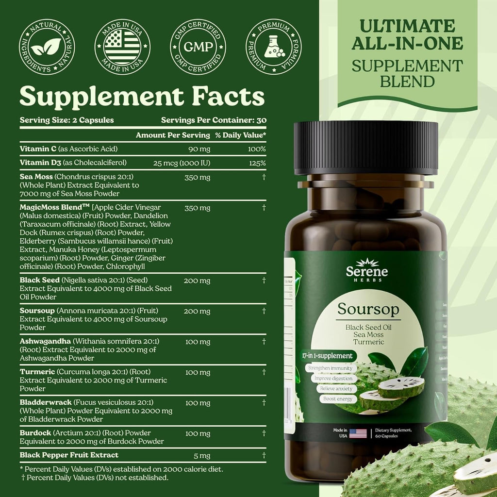 Sea Moss, Black Seed Oil 4000mg, Soursop 4000mg, Ashwagandha 2000mg, Turmeric, Bladderwrack, Burdock, Vitamin C & D3, Dandelion Root, Ginger- Herbal Supplement for Immune Support & Wellness(60 Count)