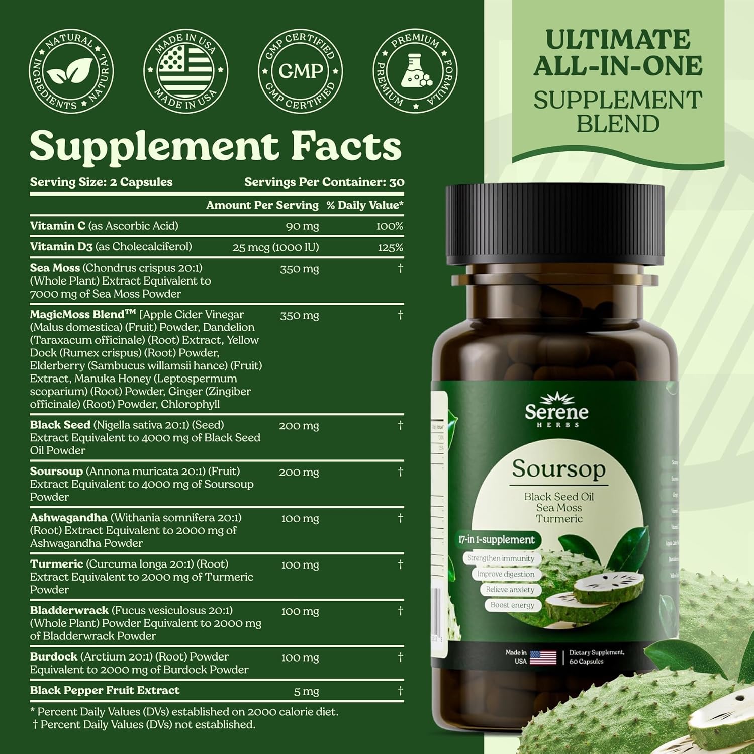 Sea Moss, Black Seed Oil 4000mg, Soursop 4000mg, Ashwagandha 2000mg, Turmeric, Bladderwrack, Burdock, Vitamin C & D3, Dandelion Root, Ginger- Herbal Supplement for Immune Support & Wellness(60 Count)